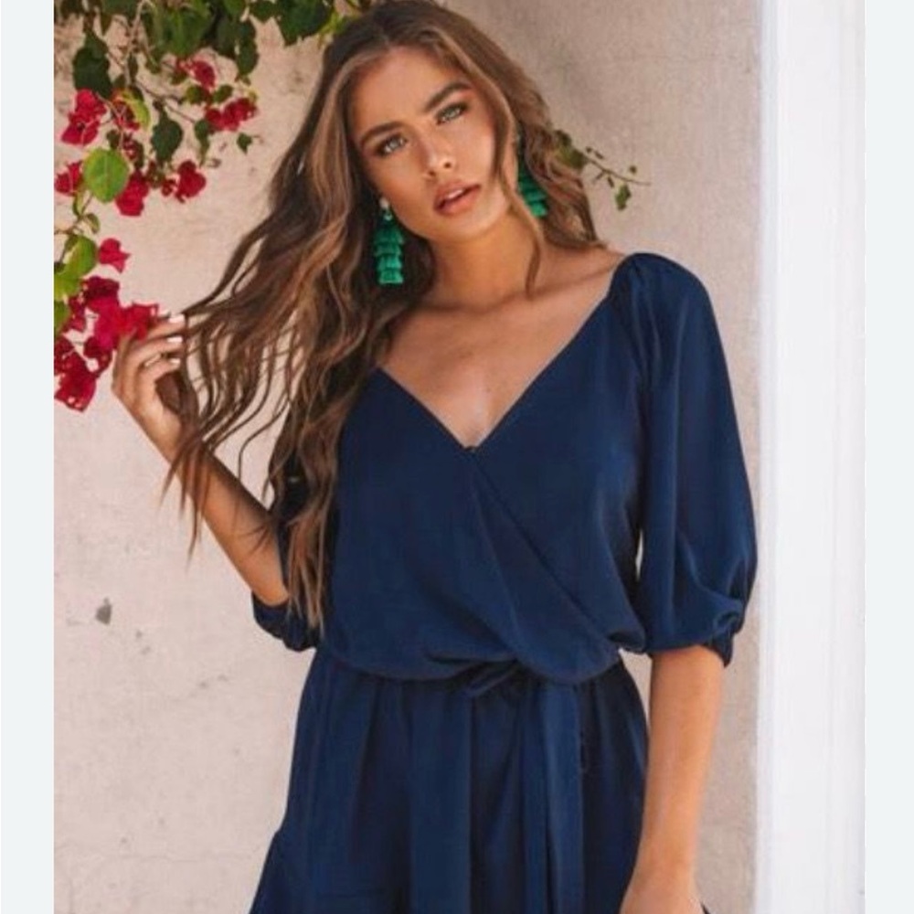 Vici Blue Wrap Mini Dress with Bishop Sleeves